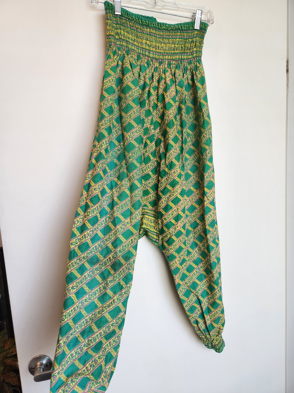 Green Patterned Smocked Waist Harem Pants